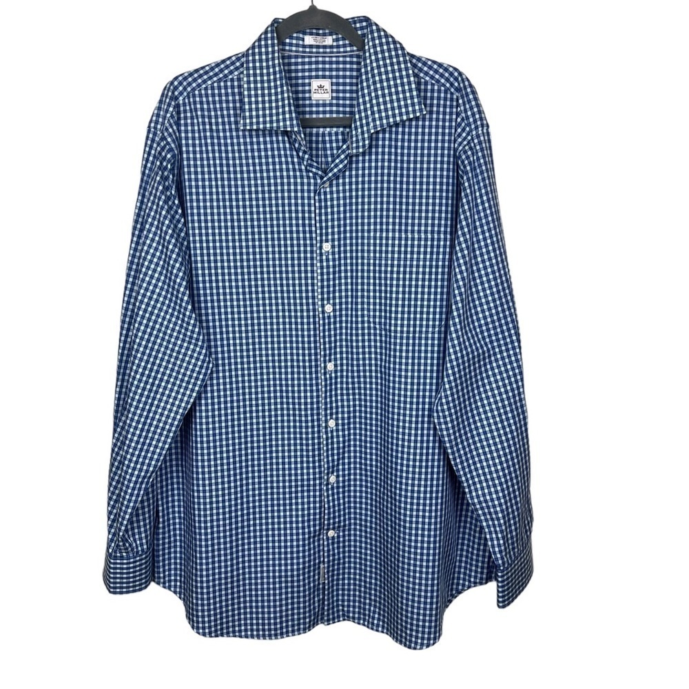 🎁 Peter Millar Men’s Check Print Blue Botton Down Casual Shirt XL Cotton